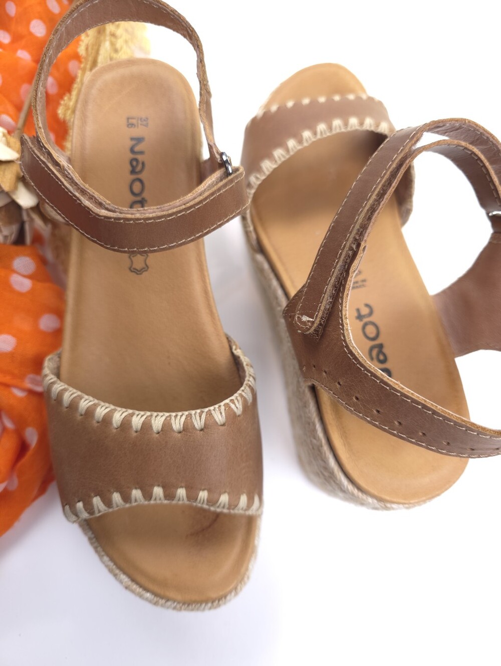 Naot Women’s Tan Espadrille Wedge Sandals - Leather Ankle Strap Sz 37 - Picture 7 of 12